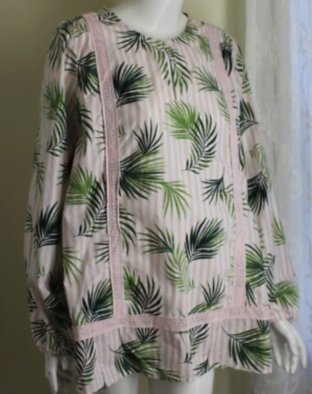 Lands End Women's Tunic Large 14/16 Cotton Tropical Beachy Lace Stripe Palms L/S